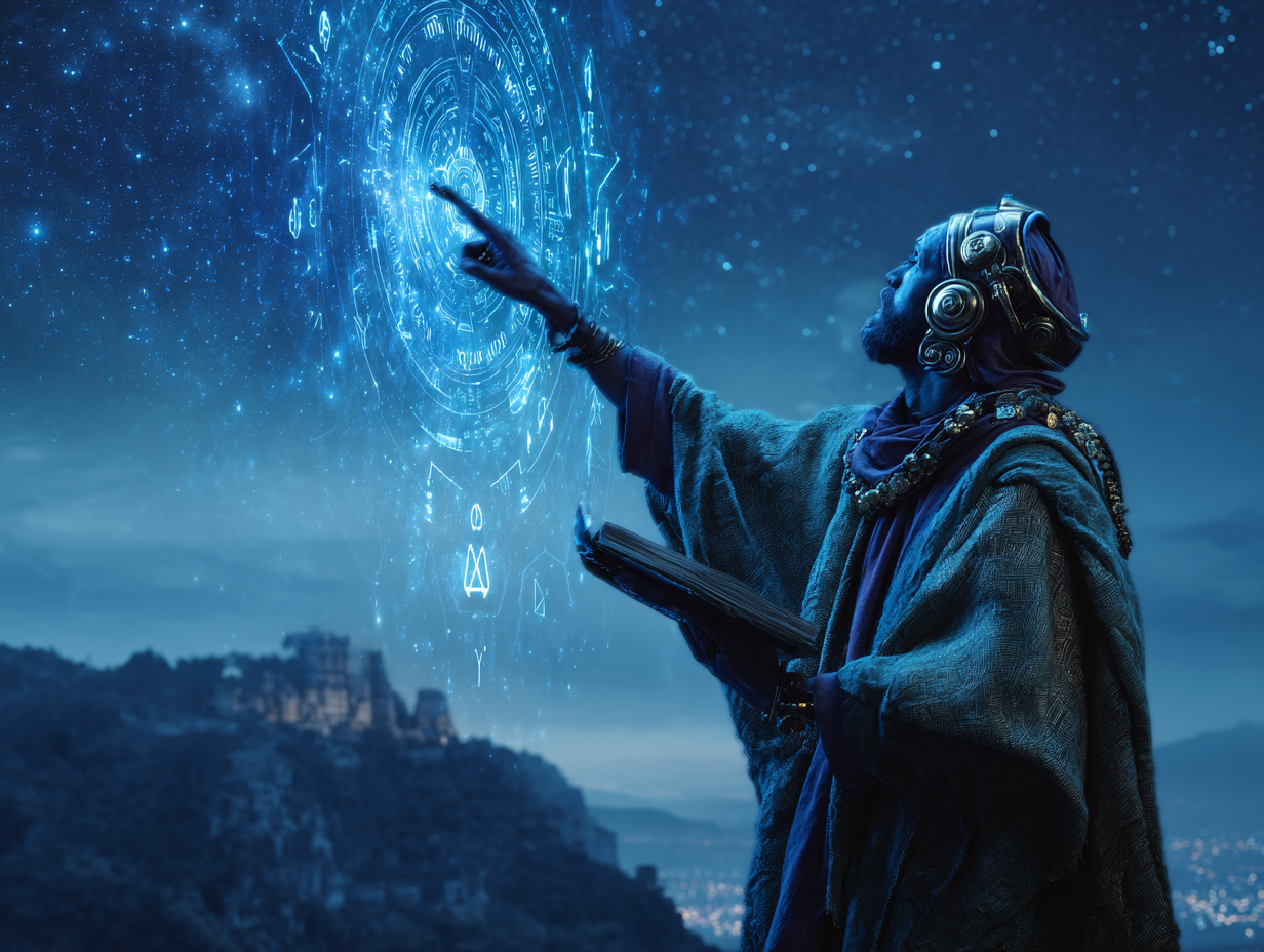 シュメールの祭司が粘土板から出現したホログラムに触れる、文明OSインストールのイメージ図