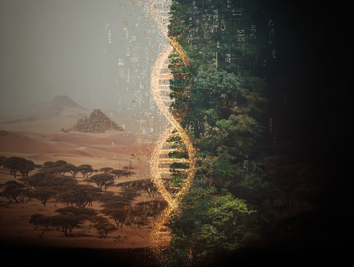 メソポタミアのジグラットと日本の位山を繋ぐ、黄金のDNA螺旋のビジュアル