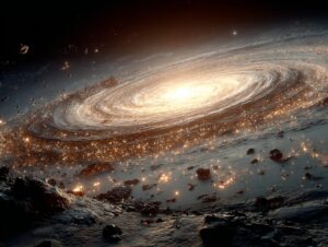 カオスな塵の円盤から重力によって微惑星が形成される様子