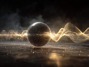 粒子が金色の波へと溶けていく様子を描いた量子力学の概念図。