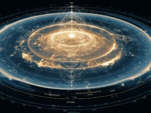 宇宙誕生直後の深い青の混沌とした空間に浮かぶ、巨大で黄金に輝く精密な幾何学的共鳴装置。中心の特異点から広がる同心円状の光のリングと球体のケージ、そして外側の層状に重なる計測器のような目盛りが、完璧なハーモニー（定在波）を奏でている。