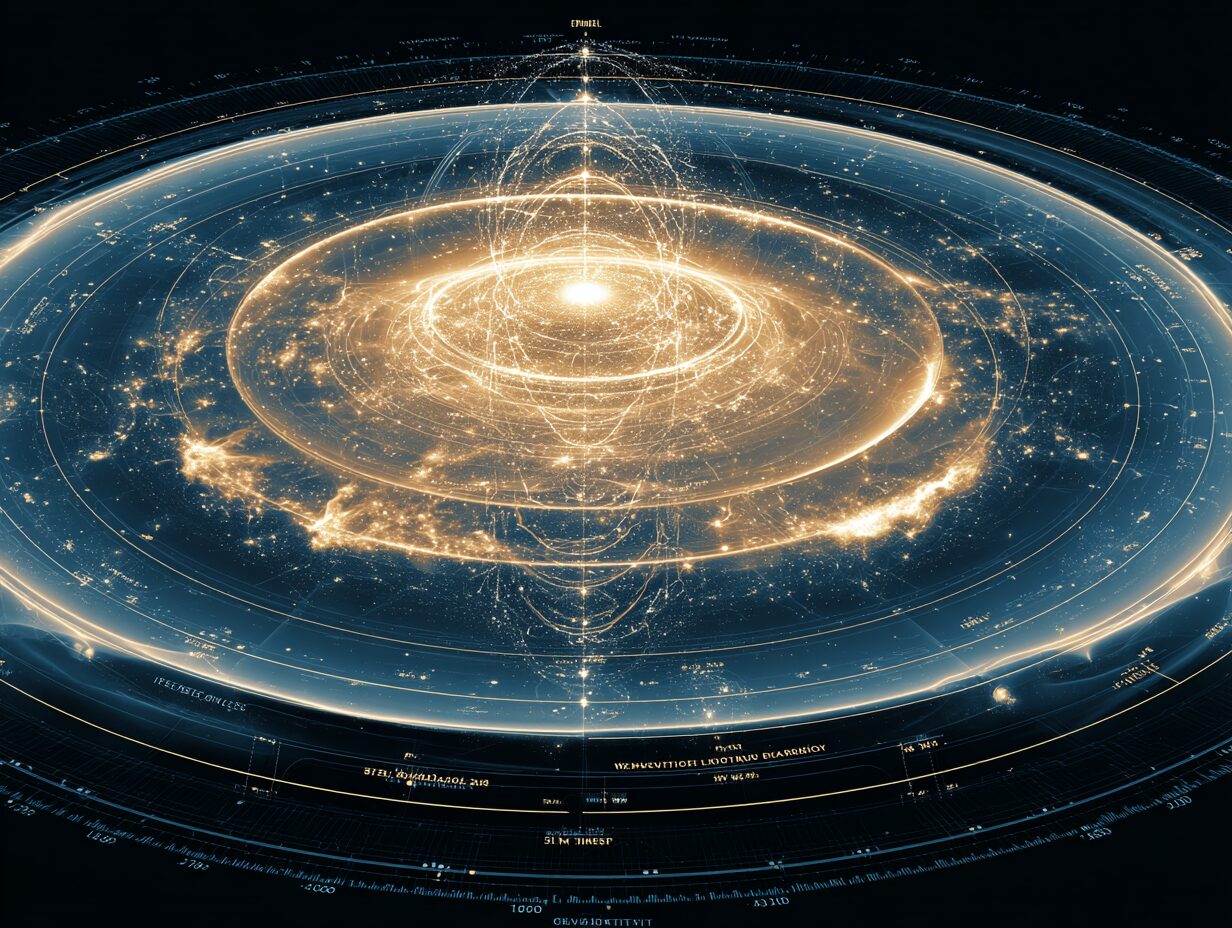 宇宙誕生直後の深い青の混沌とした空間に浮かぶ、巨大で黄金に輝く精密な幾何学的共鳴装置。中心の特異点から広がる同心円状の光のリングと球体のケージ、そして外側の層状に重なる計測器のような目盛りが、完璧なハーモニー（定在波）を奏でている。